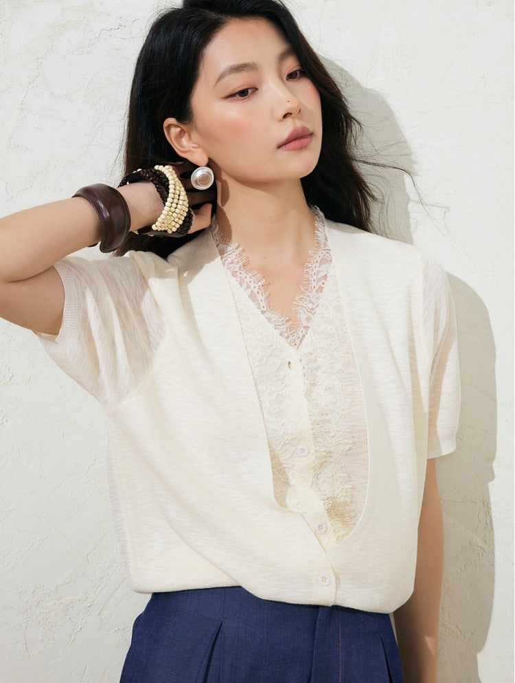 SUSHE LACE STITCHING V-NECK FIVE-QUARTER SLEEVES TWO-PIECE KNITTED TOP-EVA
