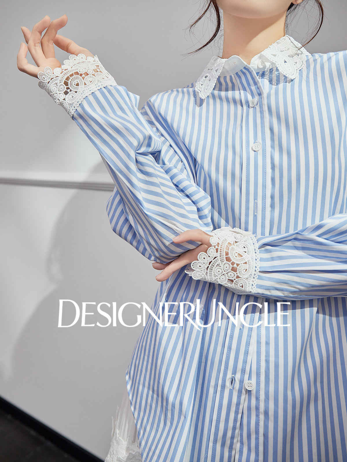 DGU|Blue Striped New Lace Stitching French Elegant Design Top - DREW.