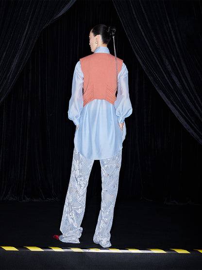 M essential Mackay designer pleated stand-up collar button-down shirt vest pant set - Sunny Hill