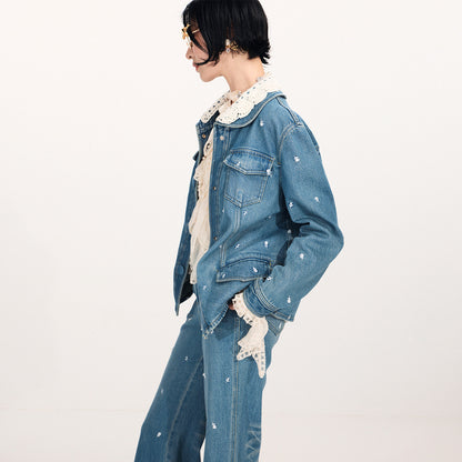 FAME Beaded Three-Dimensional Flower Embroidery Cargo Denim Jacket Top - BYRON.