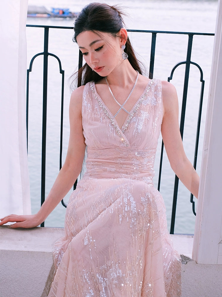 Wardrobes by Chen High End Sleeveless Wrap Embroidered Bead Dress-Sama