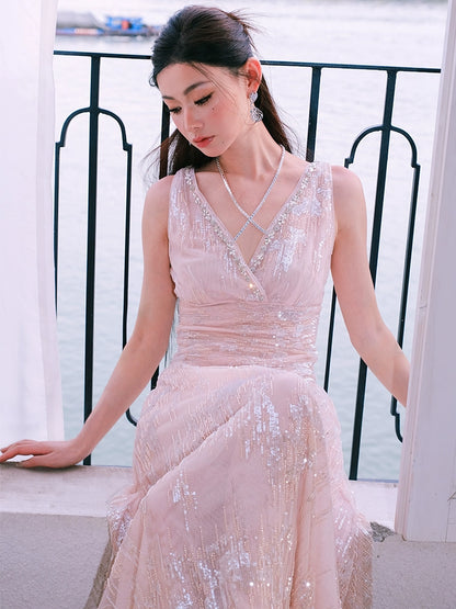 Wardrobes by Chen High End Sleeveless Wrap Embroidered Bead Dress-Sama