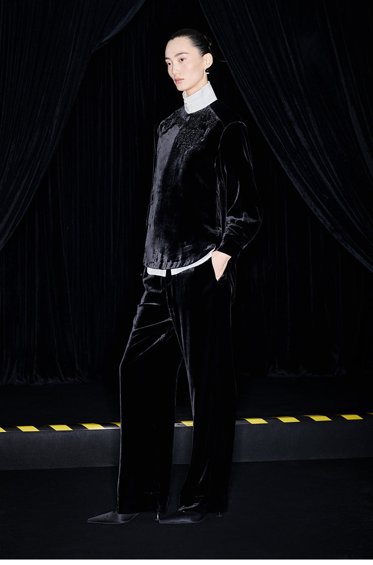 M essential Mackay designer Indian silk embroidered silhouette velvet top pant set- buck.