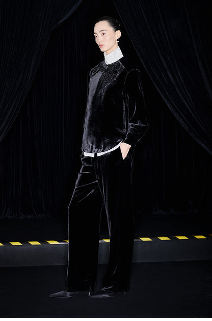 M essential Mackay designer Indian silk embroidered silhouette velvet top pant set- buck.