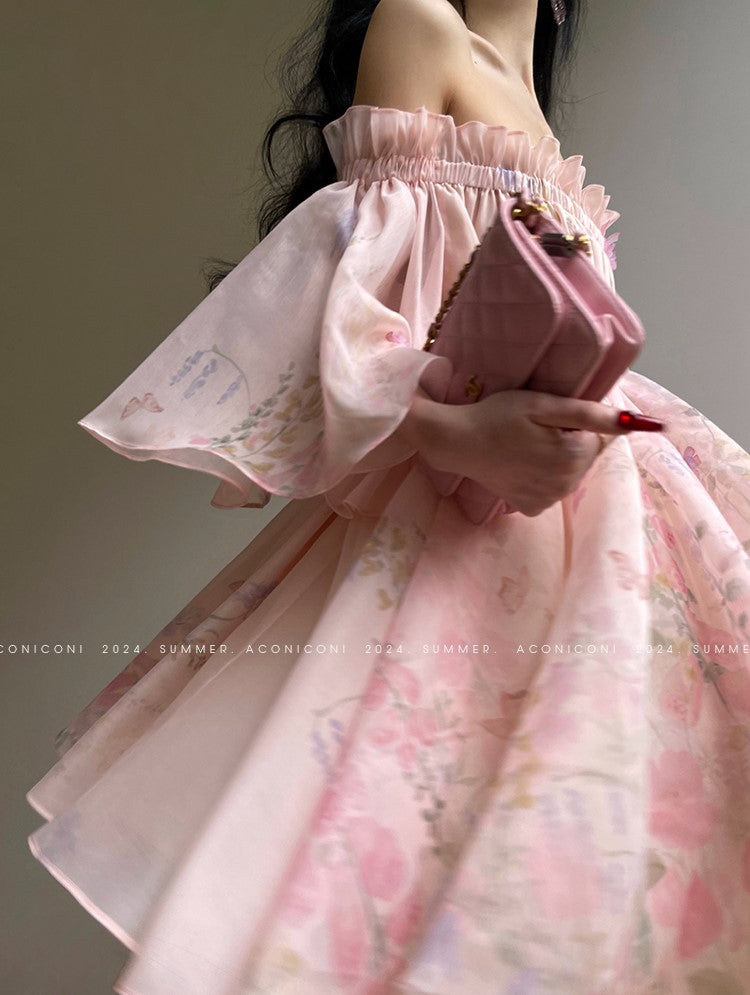 Aconiconi Luxury Off-Shoulder Flower Short Sleeve bridal baby doll Dress - Magnolia Lotus Fragrance