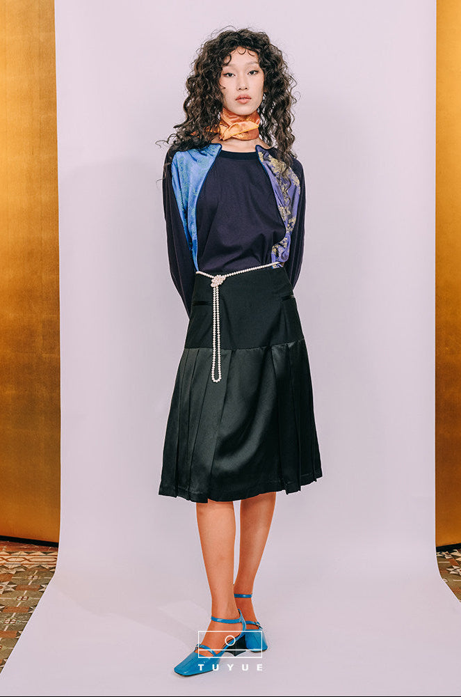 TUYUE Paint Moon Ink Acetate Stitched Pleated Midi Skirt - NIMO.