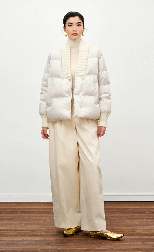 ZHUCHONGYUN White Wool Ribbed Down Puffer Knit Jacket-CHOI.