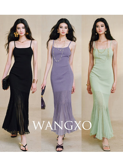 WANGXO | High-Quality Linen Tulle Temperament Suspender Fishtail Dress-LÉYA.