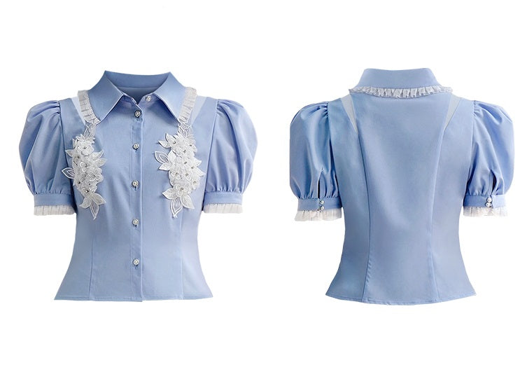 CHECOCRE Stubble sweet girly flower puff sleeve cutout sexy blue top - JOSHUA.