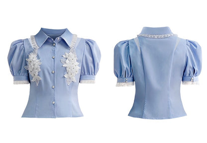 CHECOCRE Stubble sweet girly flower puff sleeve cutout sexy blue top - JOSHUA.