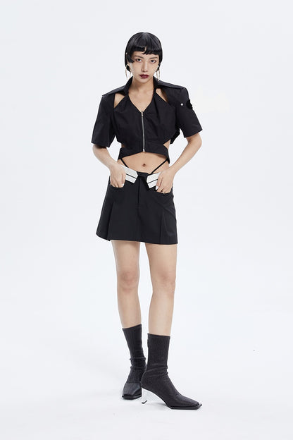 Tiny IN low-waisted contrasting turn-up short pressed pleats skirt-LULU