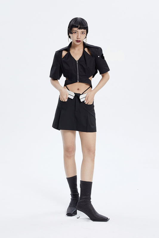 Tiny IN low-waisted contrasting turn-up short pressed pleats skirt-LULU