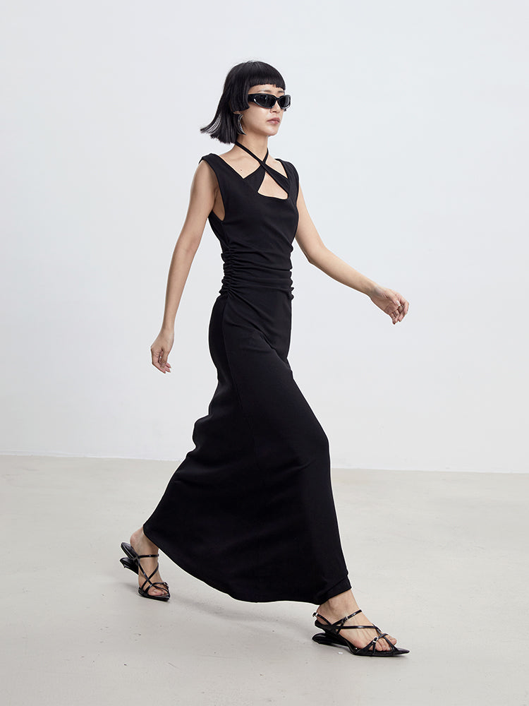 TINY IN cross-neck pleated knit maxi black dress-AYA