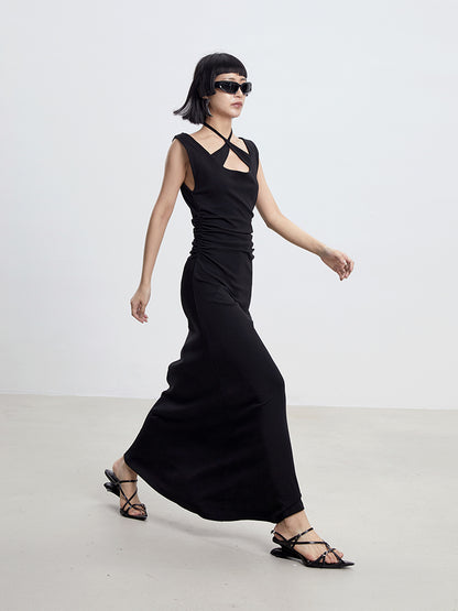 TINY IN cross-neck pleated knit maxi black dress-AYA