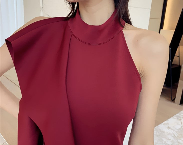 DOLLY Elegant Stand Collar Sleeveless Ruffle Midi Business Dinner Dress-RAINA