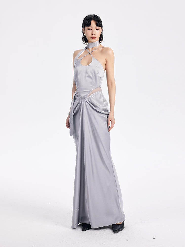 TINY IN satin irregular slip sleeveless hip pleated long dress -KING