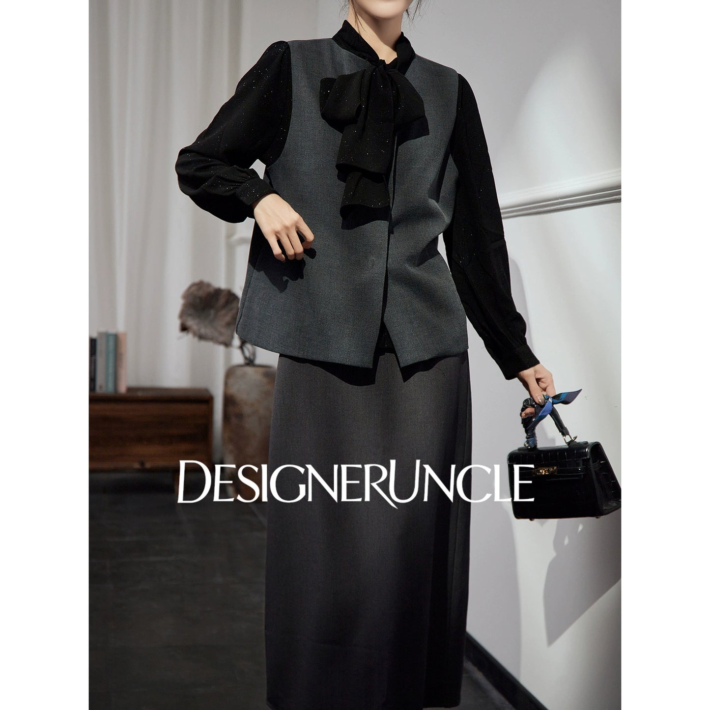 DGU "Yanying" black suit new textured professional commuting two-piece set - MATE.