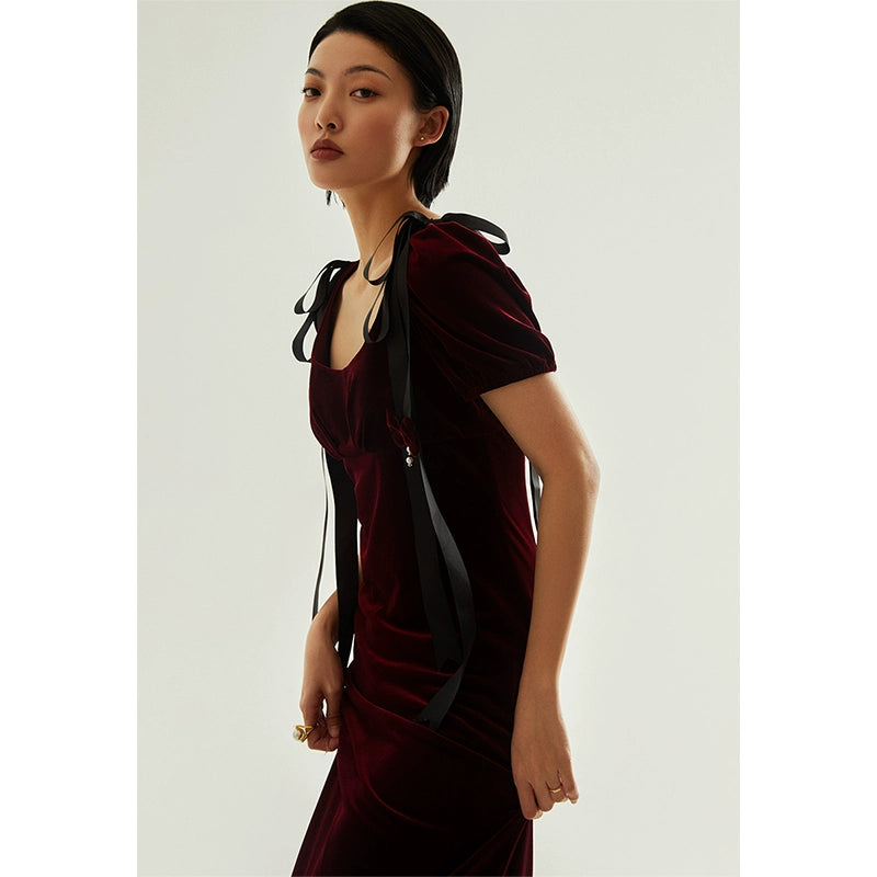 GOUDIN female burgundy velvet long high-end banquet evening dress-LIAM.
