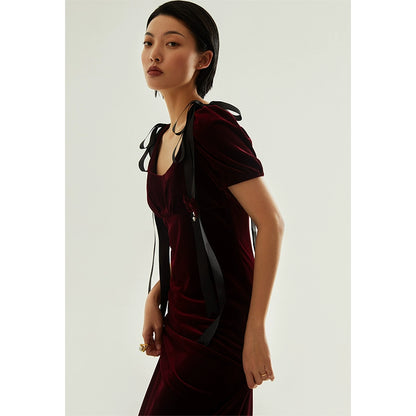 GOUDIN female burgundy velvet long high-end banquet evening dress-LIAM.