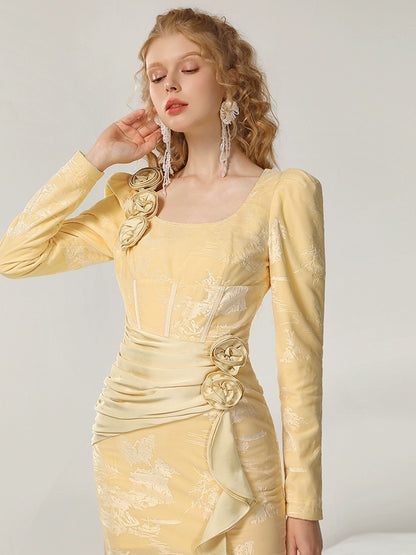 CHECOCRE Sophisticated Retro Warm Yellow Tone Romantic Flowers Long Dress- ANNA