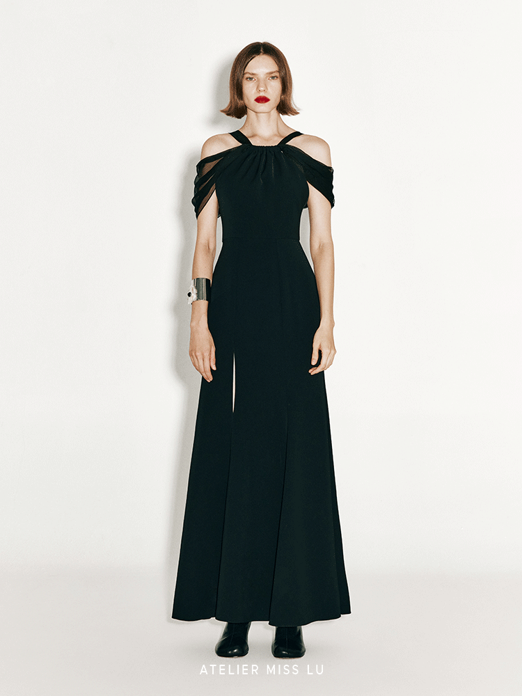 ATELIER MISS LU Shoulder Stitch Slit Mermaid Dress - CROSS.