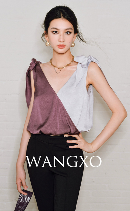 WANGXO | Satin Crossover V-Neck Dual-Wear Top -VIOLETTA.