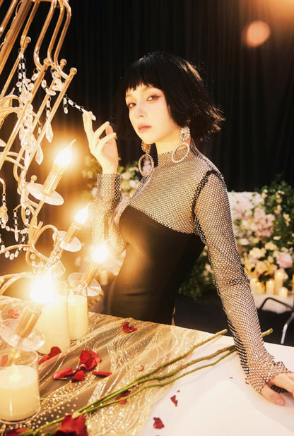 DOLLY Elegant Black Queen Style Turtle Neck Long Sleeve Slim Fit Long Dinner Dress-ELUALIA