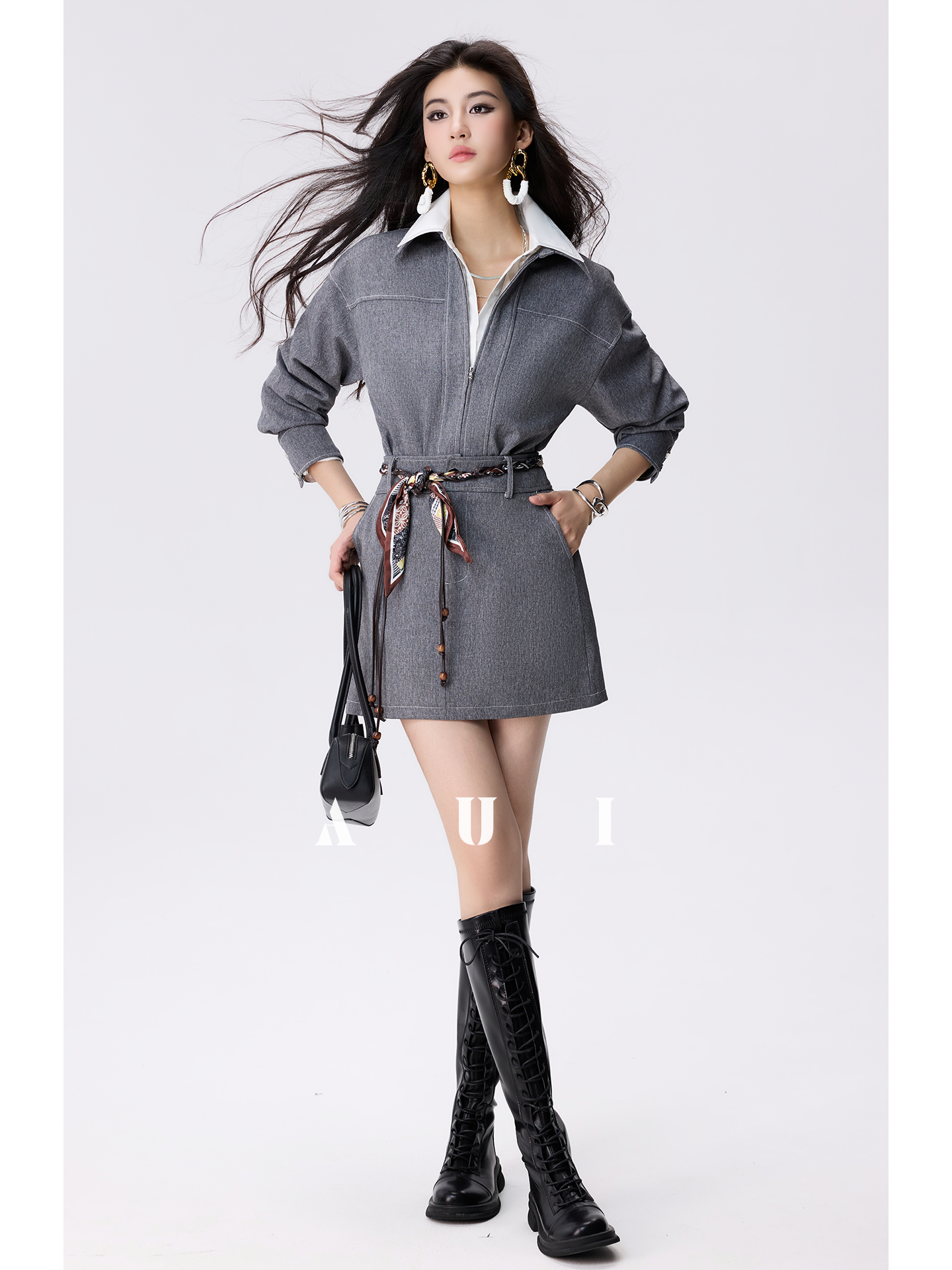 AUI Grey Zippered Lapel Jacket A-Line Hip Skirt Two-Piece Set - Choon-Hee.