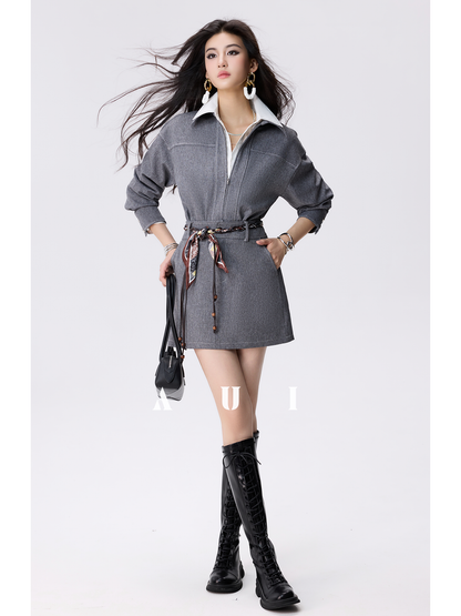 AUI Grey Zippered Lapel Jacket A-Line Hip Skirt Two-Piece Set - Choon-Hee.