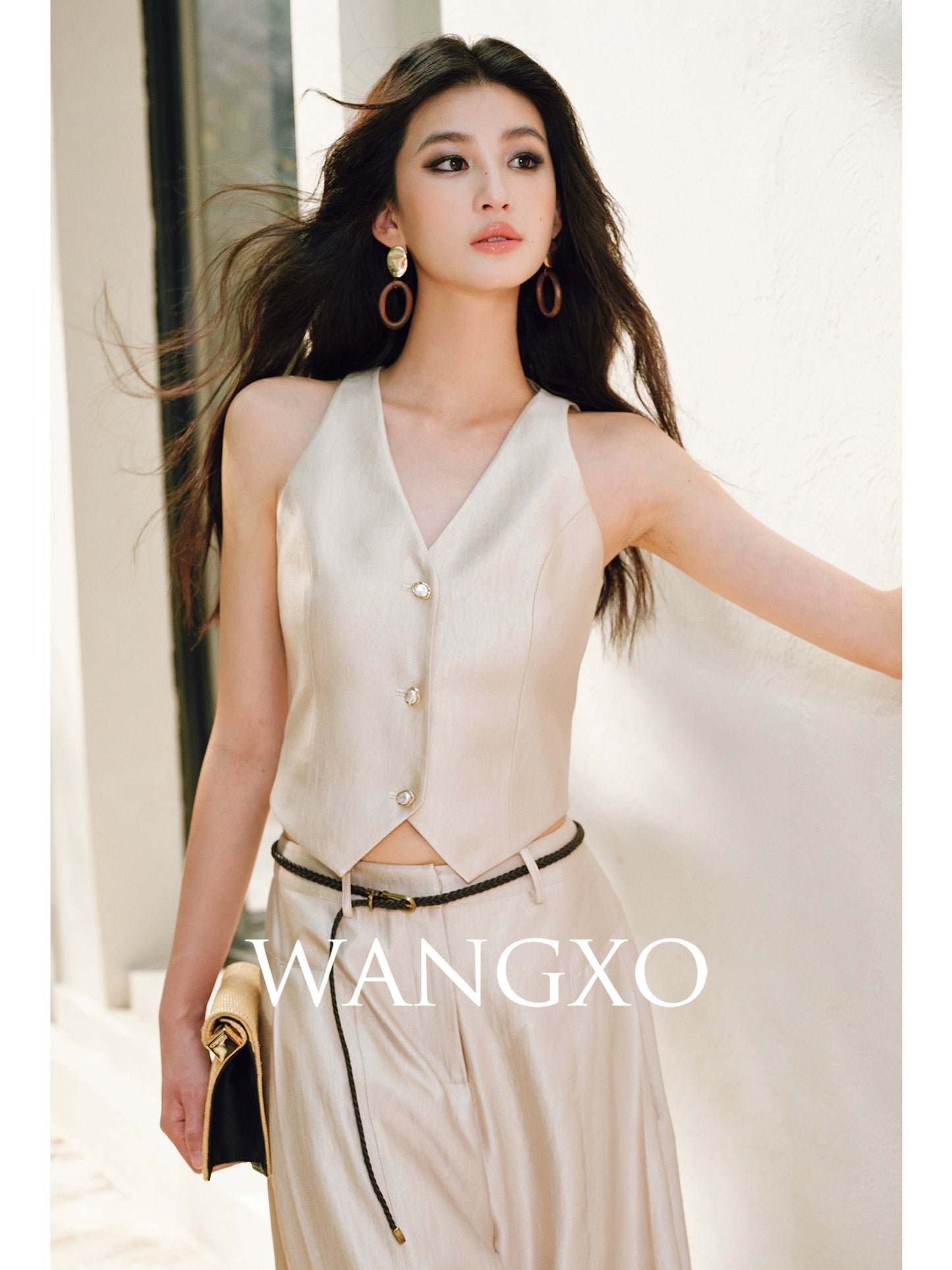 WANGXO | Silk Brocade Shaved Shoulder Vest Top & Tailored Pants Set  -NOOR