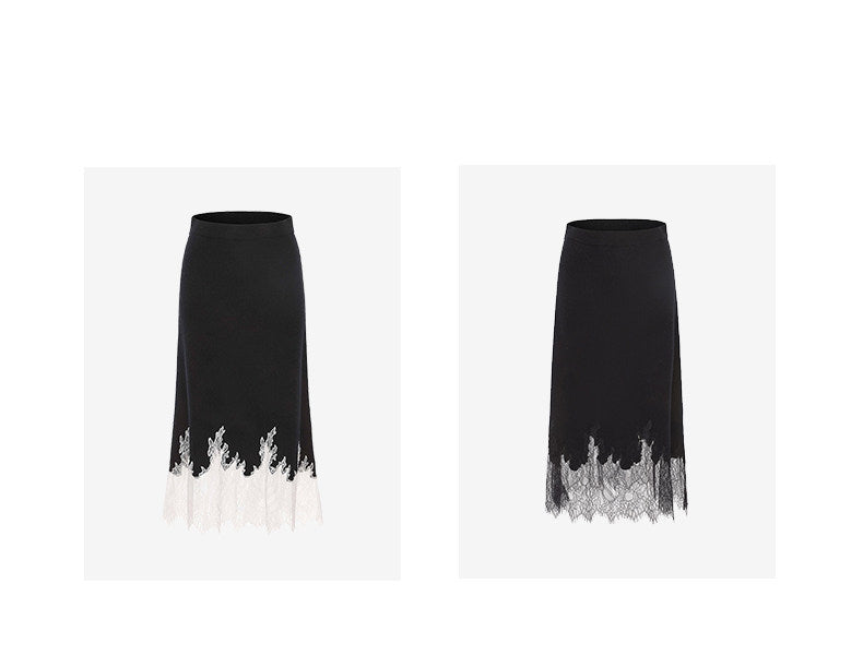 ATELIER MISS LU Fall/Winter elongated lace panelled cashmere wool skirt - JOY