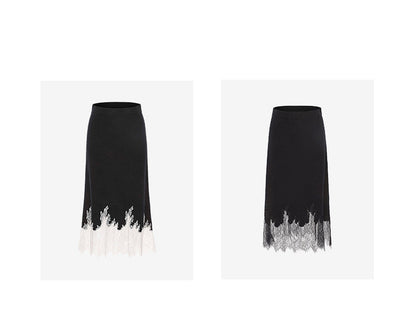 ATELIER MISS LU Fall/Winter elongated lace panelled cashmere wool skirt - JOY