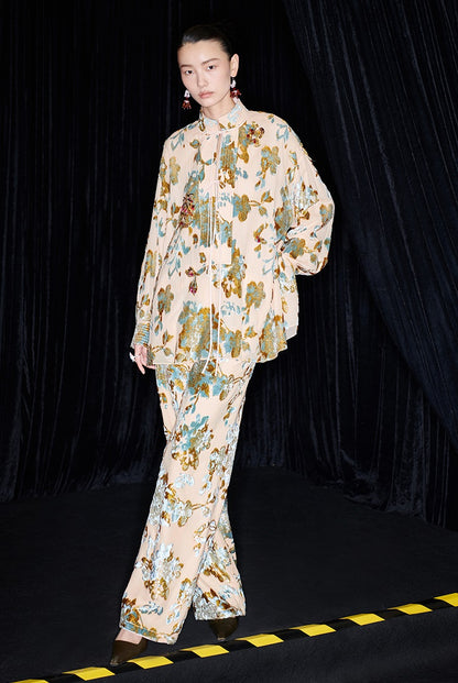 M essential Mackay designer brand Qili burnt flower velvet beads loose top - WORD.