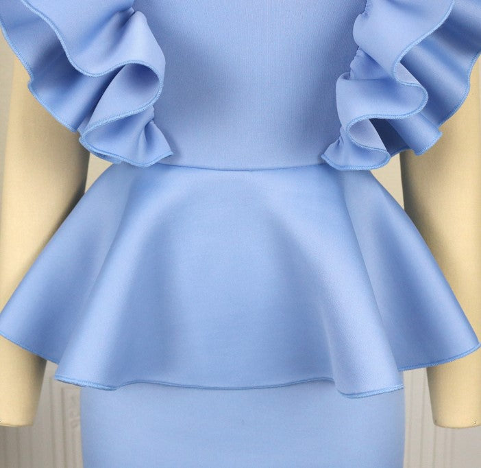 DOLLY High End Blue Crew Nek Ruffled Flying Sleeve Midi Office Dress-BELLONA