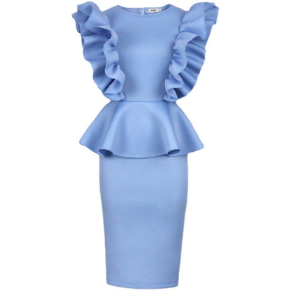 DOLLY High End Blue Crew Nek Ruffled Flying Sleeve Midi Office Dress-BELLONA