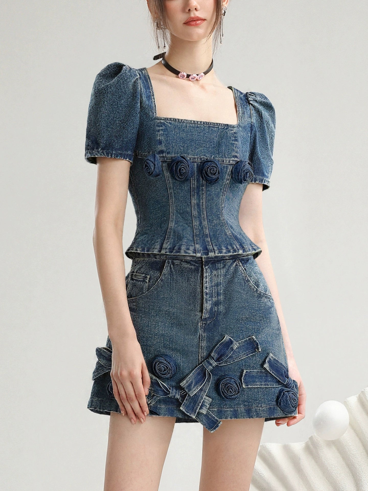 CHECOCRE Stubble sweet suit hakam three-dimensional rose retro fashionable denim skirt - VAIN.