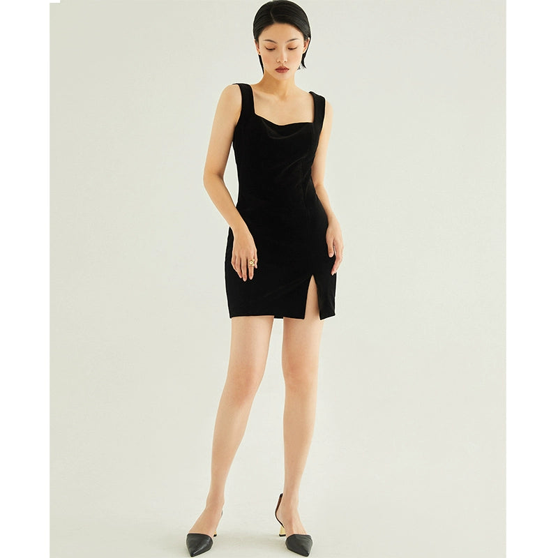 GOUDIN women's short velvet black banquet light luxury dress-KIMO.