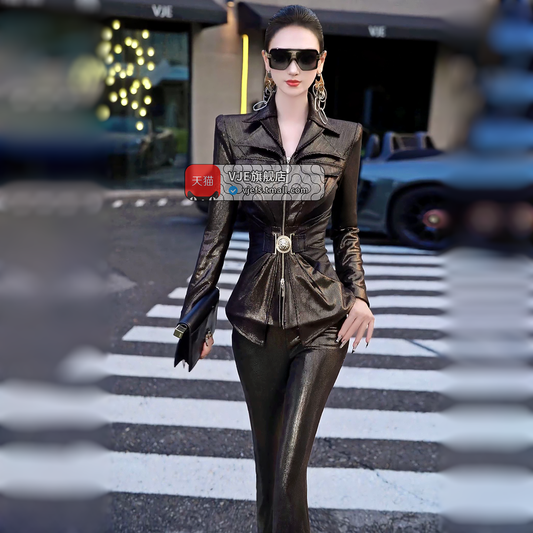 VJE three-dimensional cut top flared pants two-piece set  -KIRA.