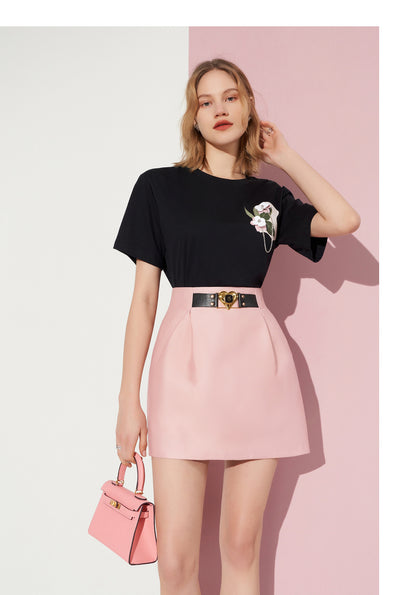 Custom embossed belt high-waisted puffy short skirt - Nia