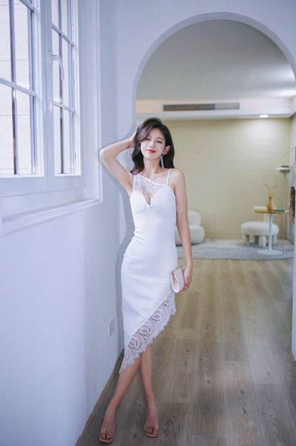 DOLLY White Sleeveless Off Shoulder Splice Lace Dress-DANICA