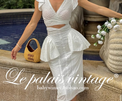 Le Palais Vintage  embroidery cotton wrap short top + high-waisted bud skirt-TEE.