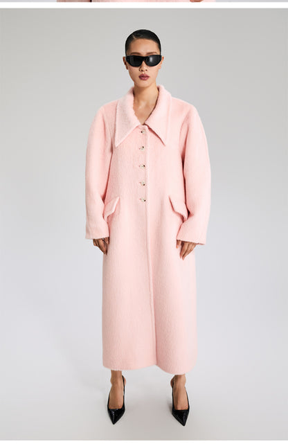LEDIM W wool square neck pastel salmon pink loose long winter coat- Fan