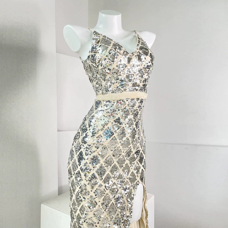 DOLLY High End Sleeveless V-Neck Sequin Long Slim Fit Slit Banquet Dress-ERICA