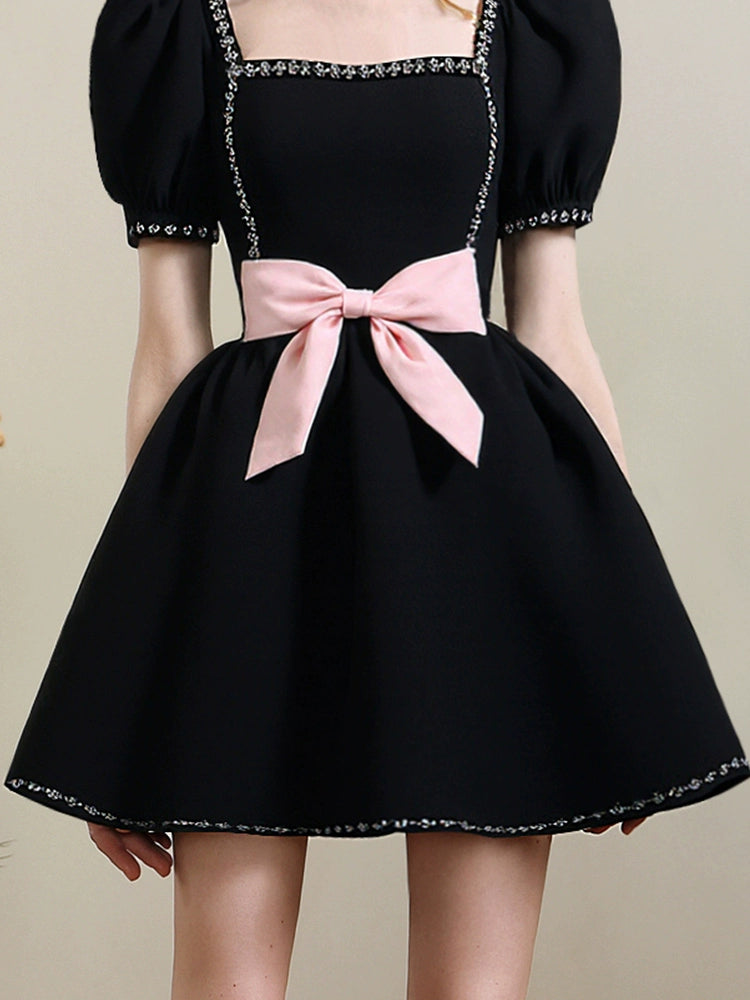 CHECOCRE Chic Puff Sleeve Diamond Chain Waist Puffy Little Black Dress - GENERATE