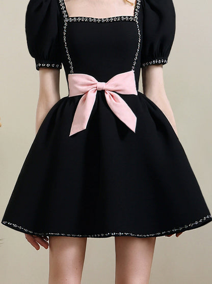 CHECOCRE Chic Puff Sleeve Diamond Chain Waist Puffy Little Black Dress - GENERATE