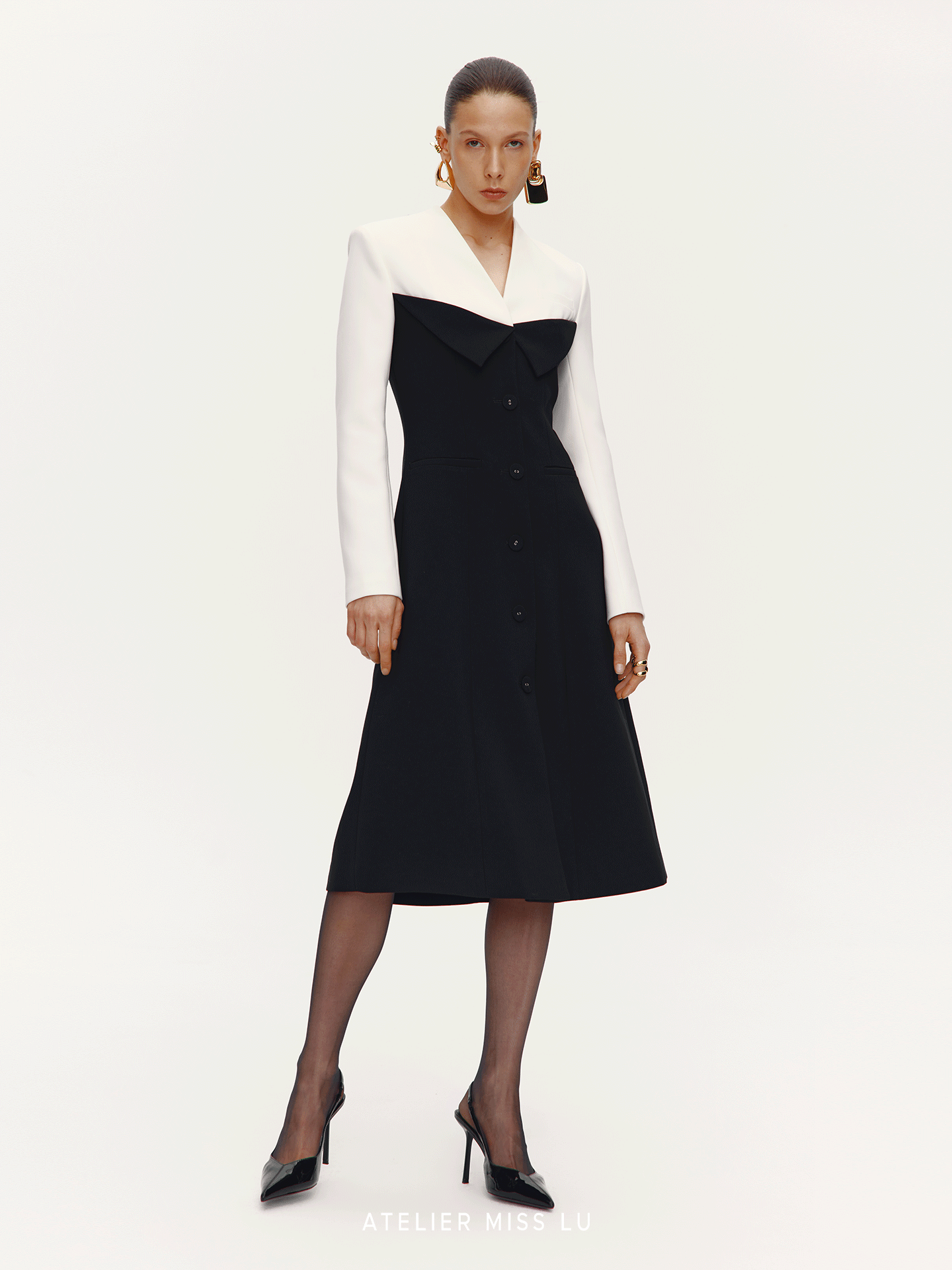 ATELIER MISS LU Contrast Color Patchwork Waist Dress Jacket - SHARP.