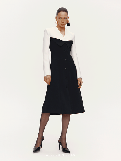ATELIER MISS LU Contrast Color Patchwork Waist Dress Jacket - SHARP.