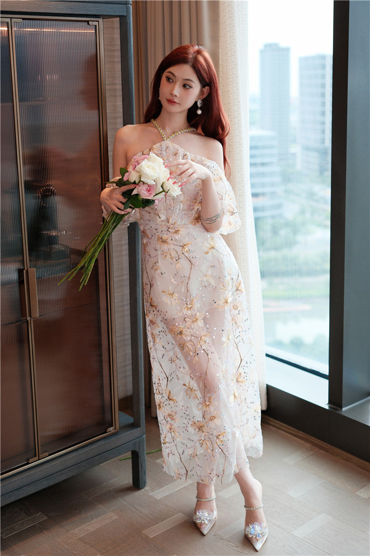 Wardrobes by Chen Elegant wedding guest Halter Sleeveless Lace bridal Dress- Megan