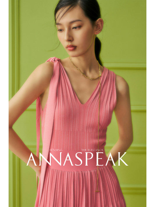 AnnaSpeak Elegant Plain V-Neck Sleeveless Knitted Summer Dress-Lala