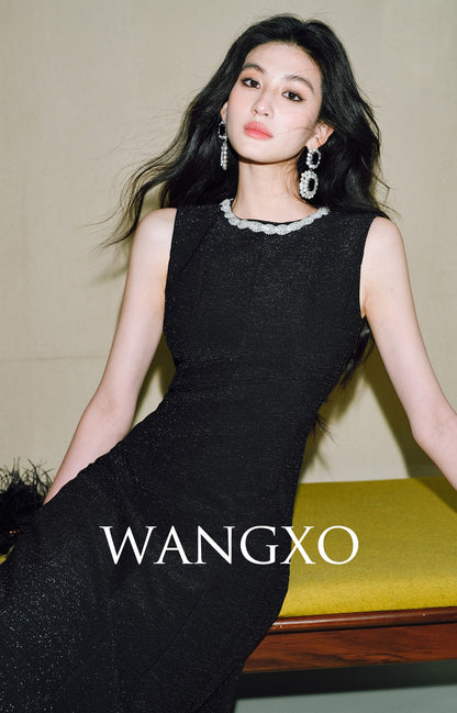 WANGXO | Sequin Silk Knit Dress with Vertical-Cut Waist A-Line Hem  SÉLI.